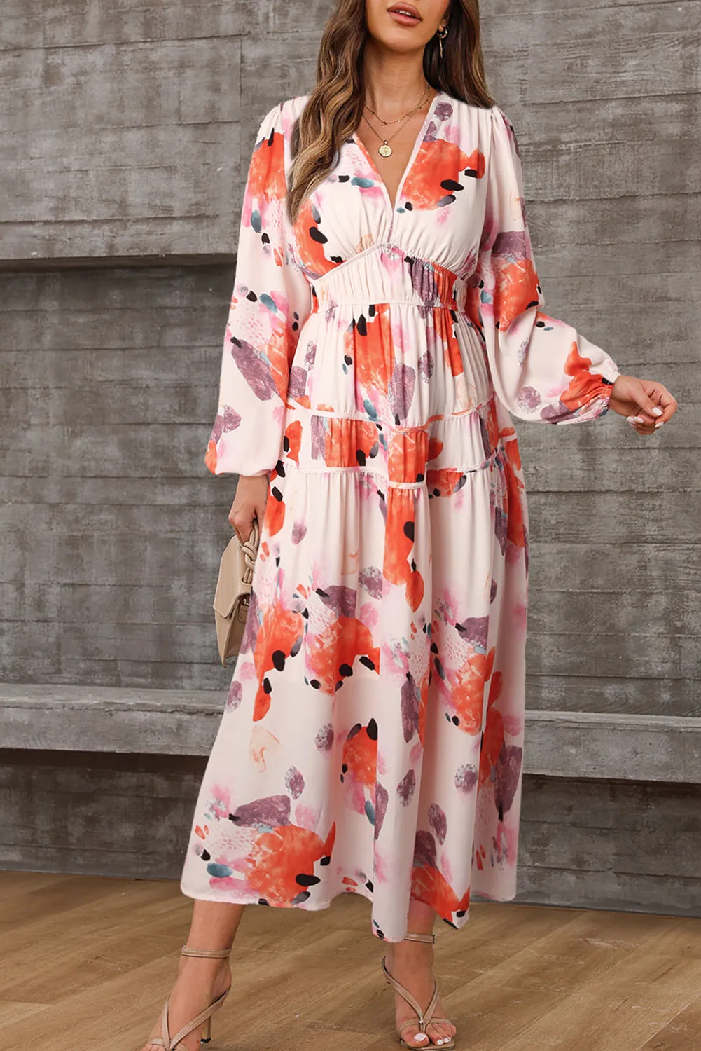Abstract Print Pleated High Waist Maxi Dress