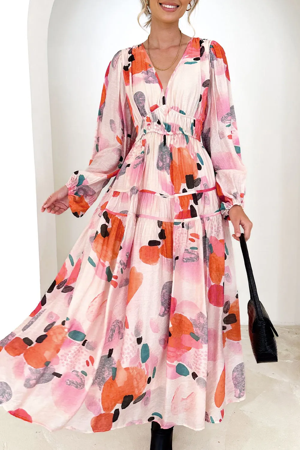 Abstract Print Pleated High Waist Maxi Dress