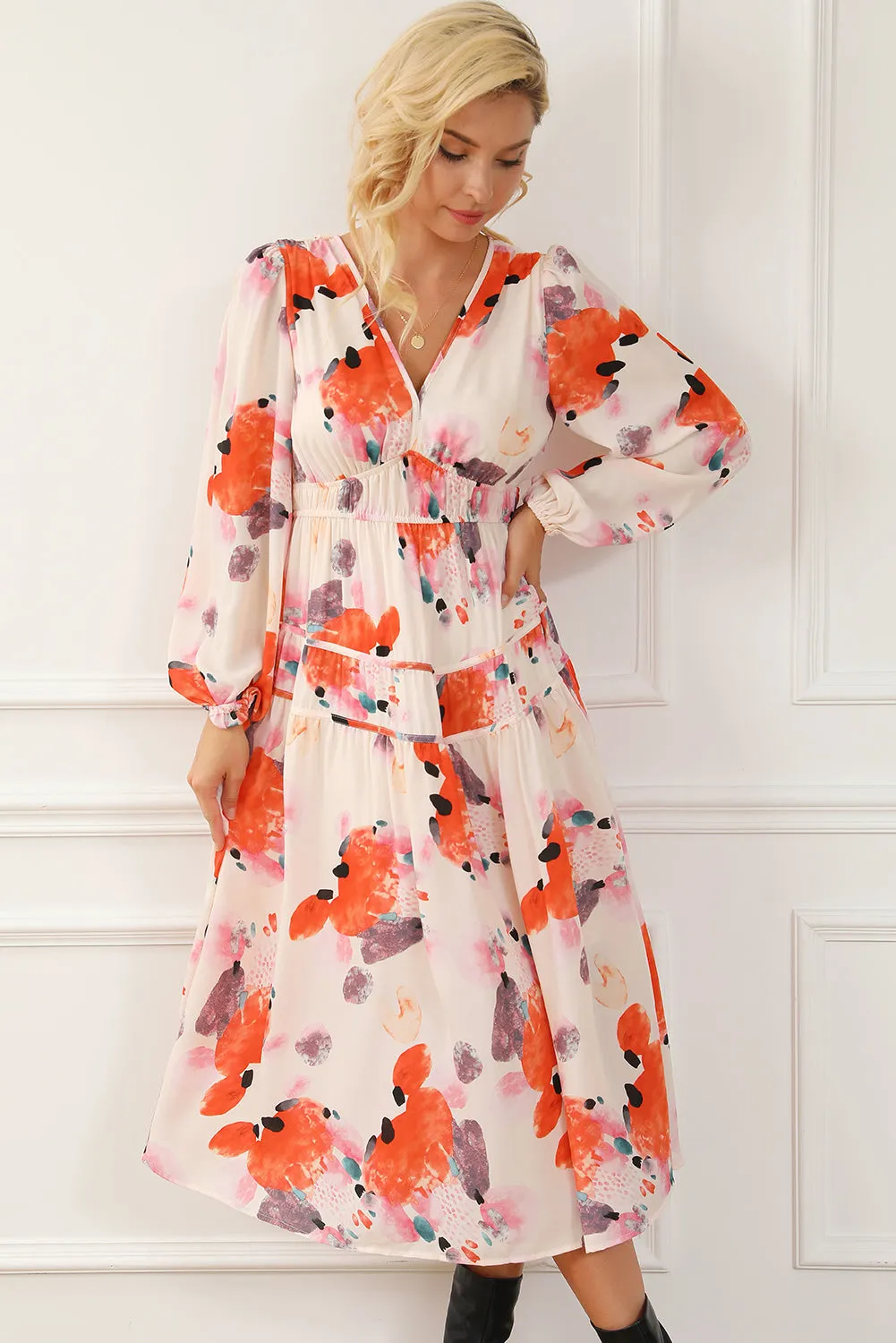 Abstract Print Pleated High Waist Maxi Dress