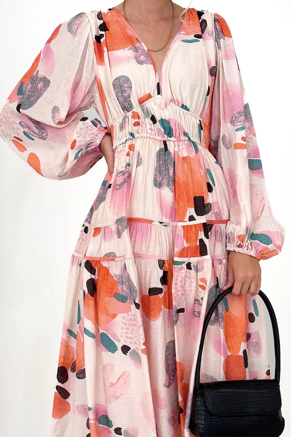 Abstract Print Pleated High Waist Maxi Dress