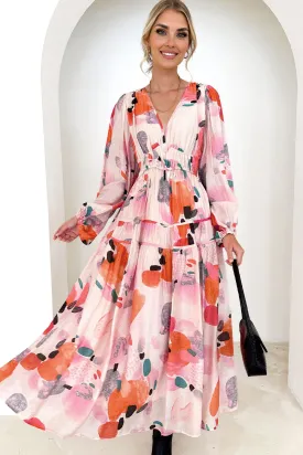 Abstract Print Pleated High Waist Maxi Dress