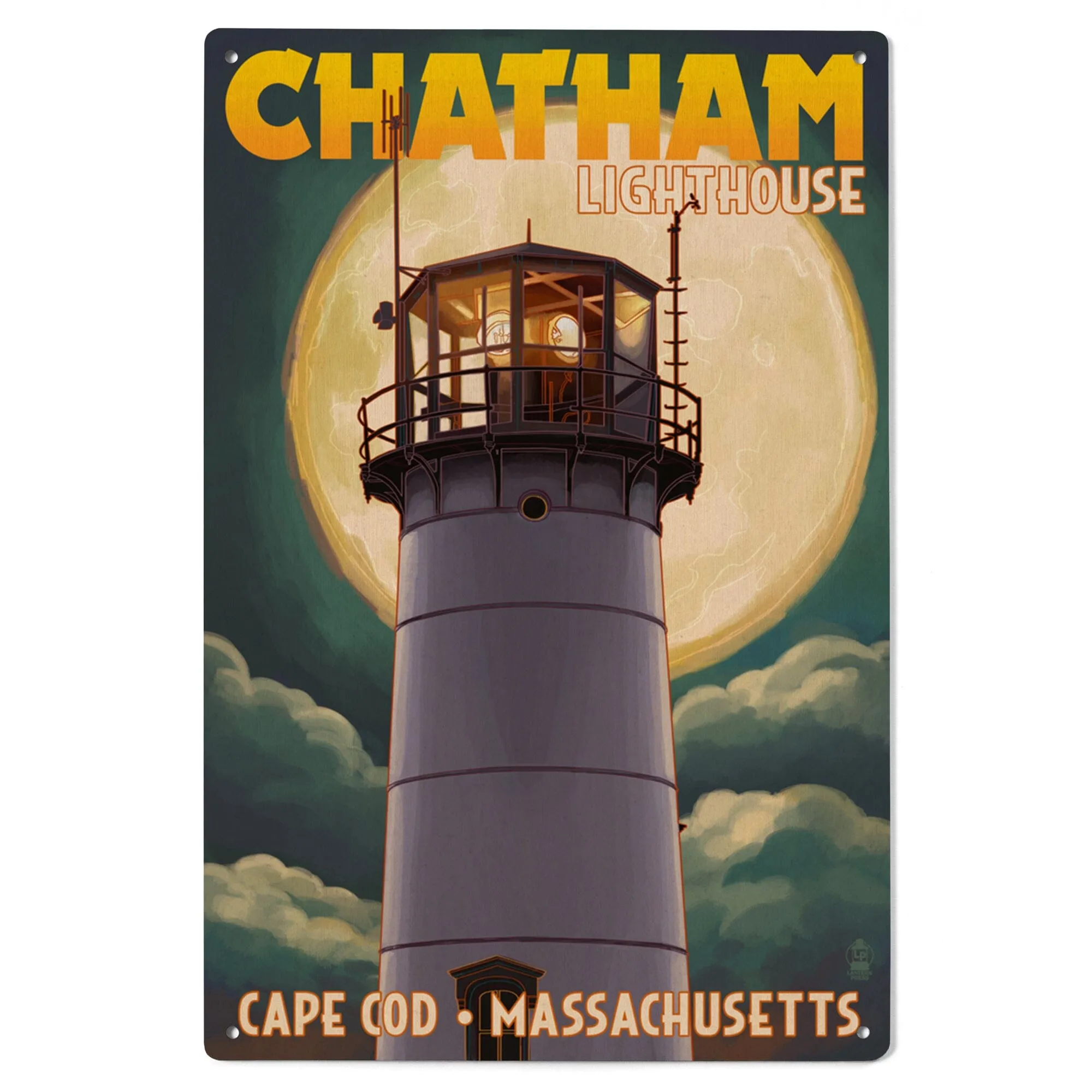 Cape Cod, Massachusetts, Chatham Light & Full Moon, Lantern Press Artwork, Wood Signs and Postcards