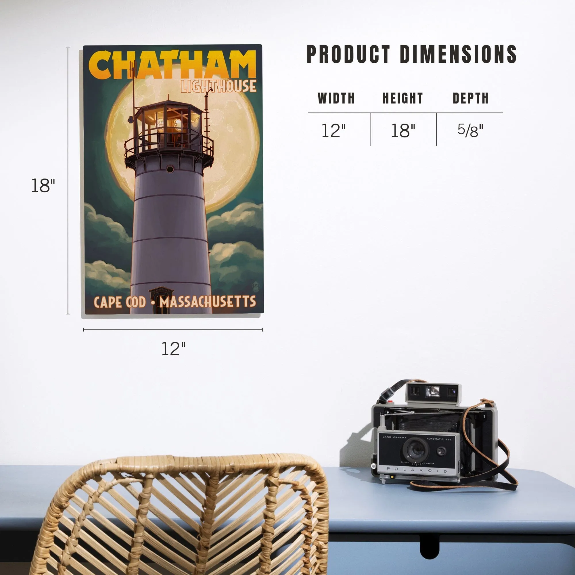 Cape Cod, Massachusetts, Chatham Light & Full Moon, Lantern Press Artwork, Wood Signs and Postcards