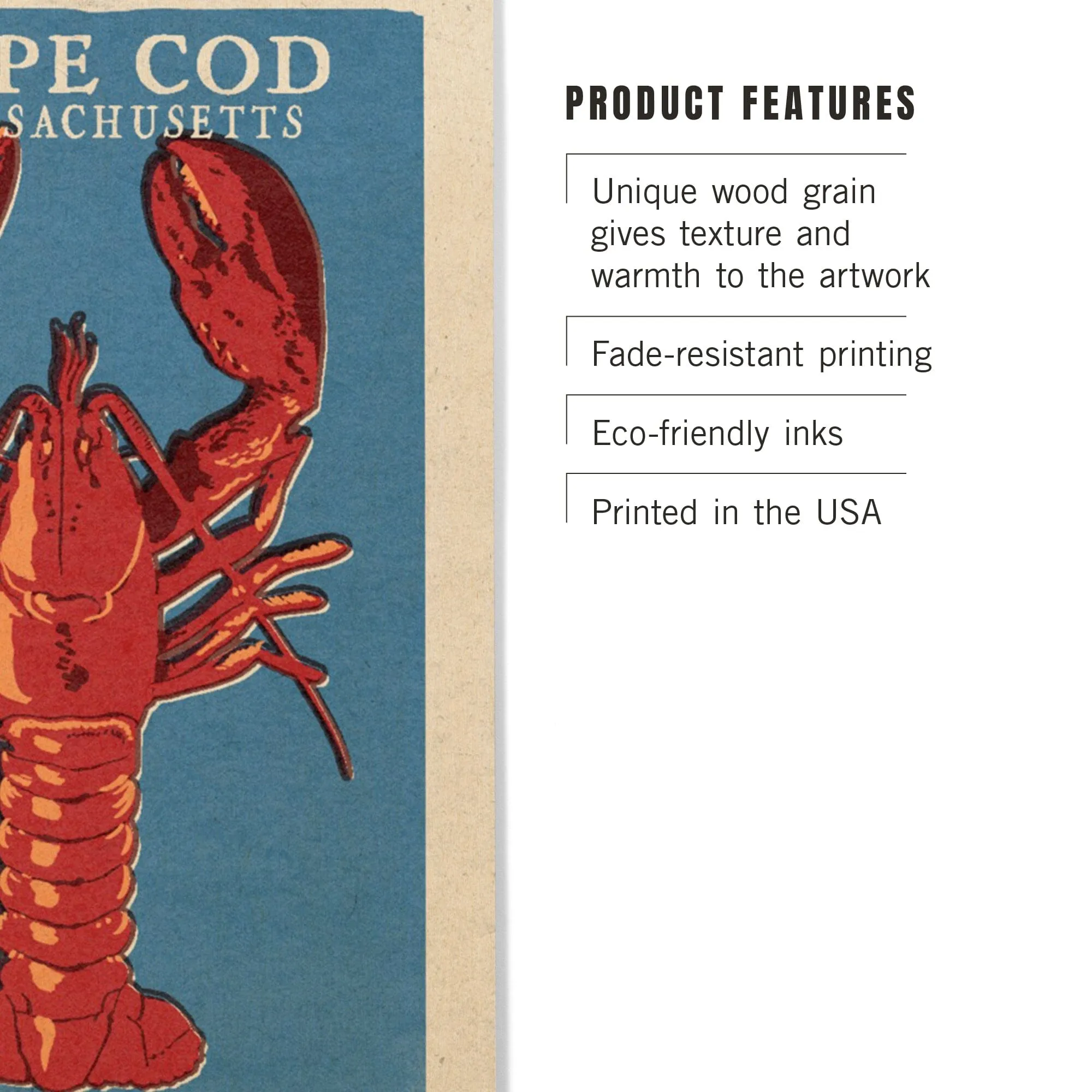 Cape Cod, Massachusetts, Lobster Woodblock, Lantern Press Artwork, Wood Signs and Postcards