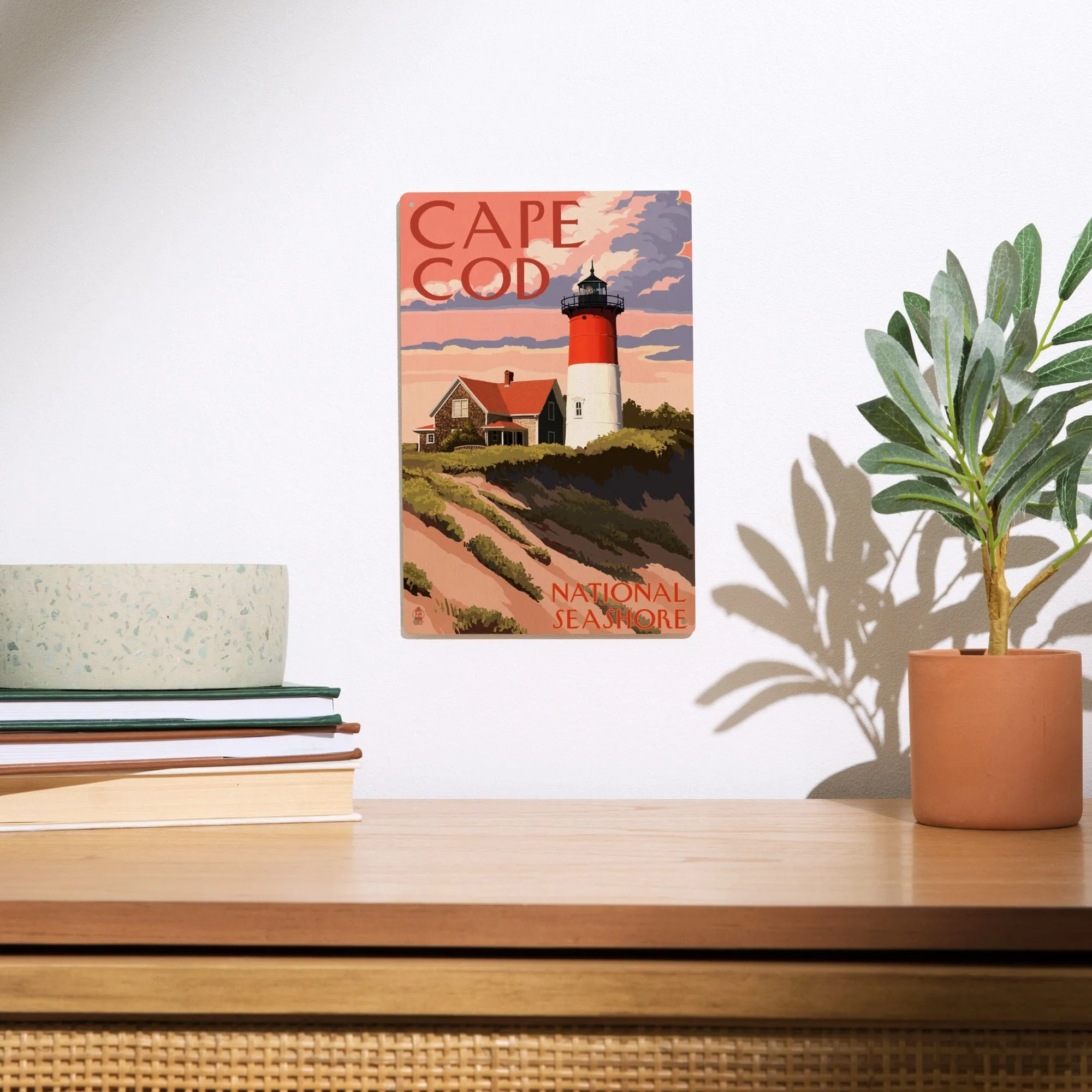 Cape Cod National Seashore, Massachusetts, Nauset Light & Sunset, Lantern Press Artwork, Wood Signs and Postcards