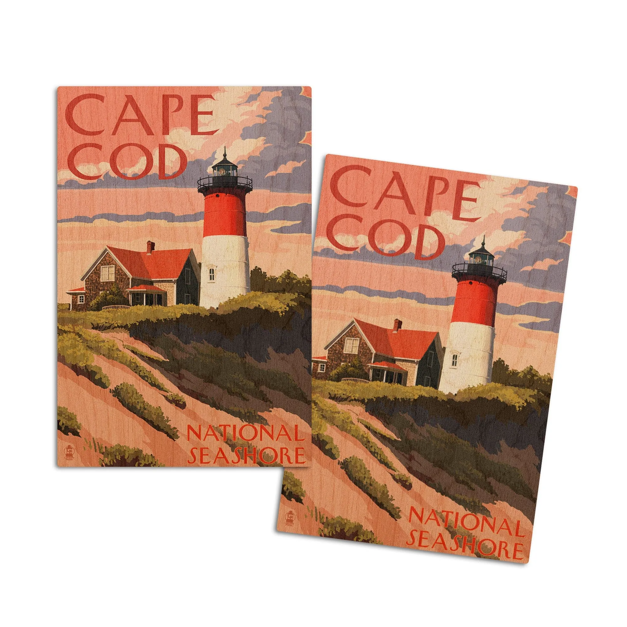 Cape Cod National Seashore, Massachusetts, Nauset Light & Sunset, Lantern Press Artwork, Wood Signs and Postcards