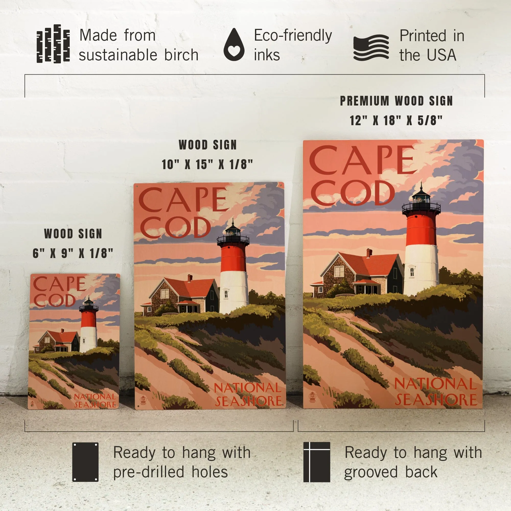 Cape Cod National Seashore, Massachusetts, Nauset Light & Sunset, Lantern Press Artwork, Wood Signs and Postcards