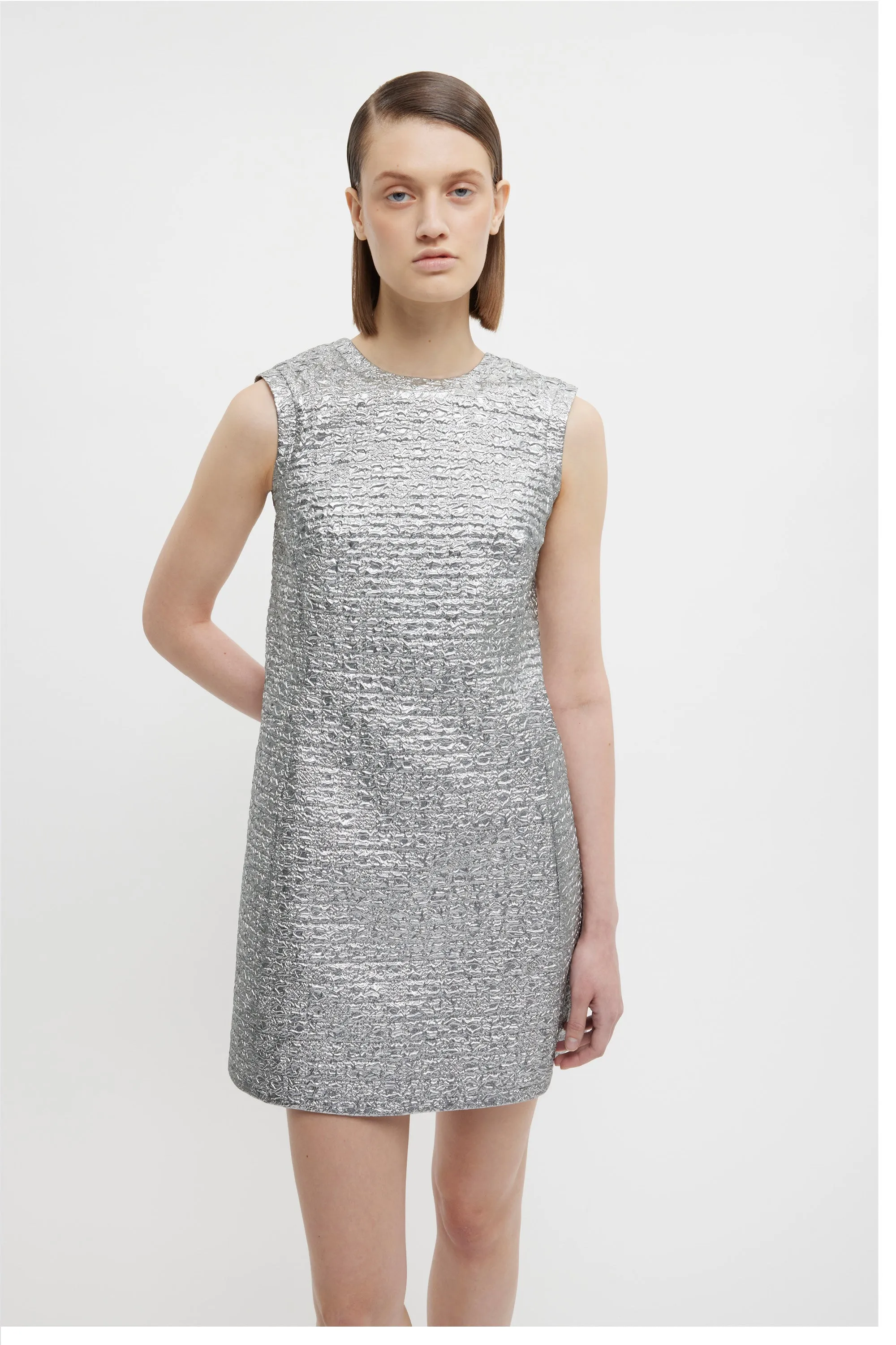 Emmy Dress In Silver Metallic Seersucker