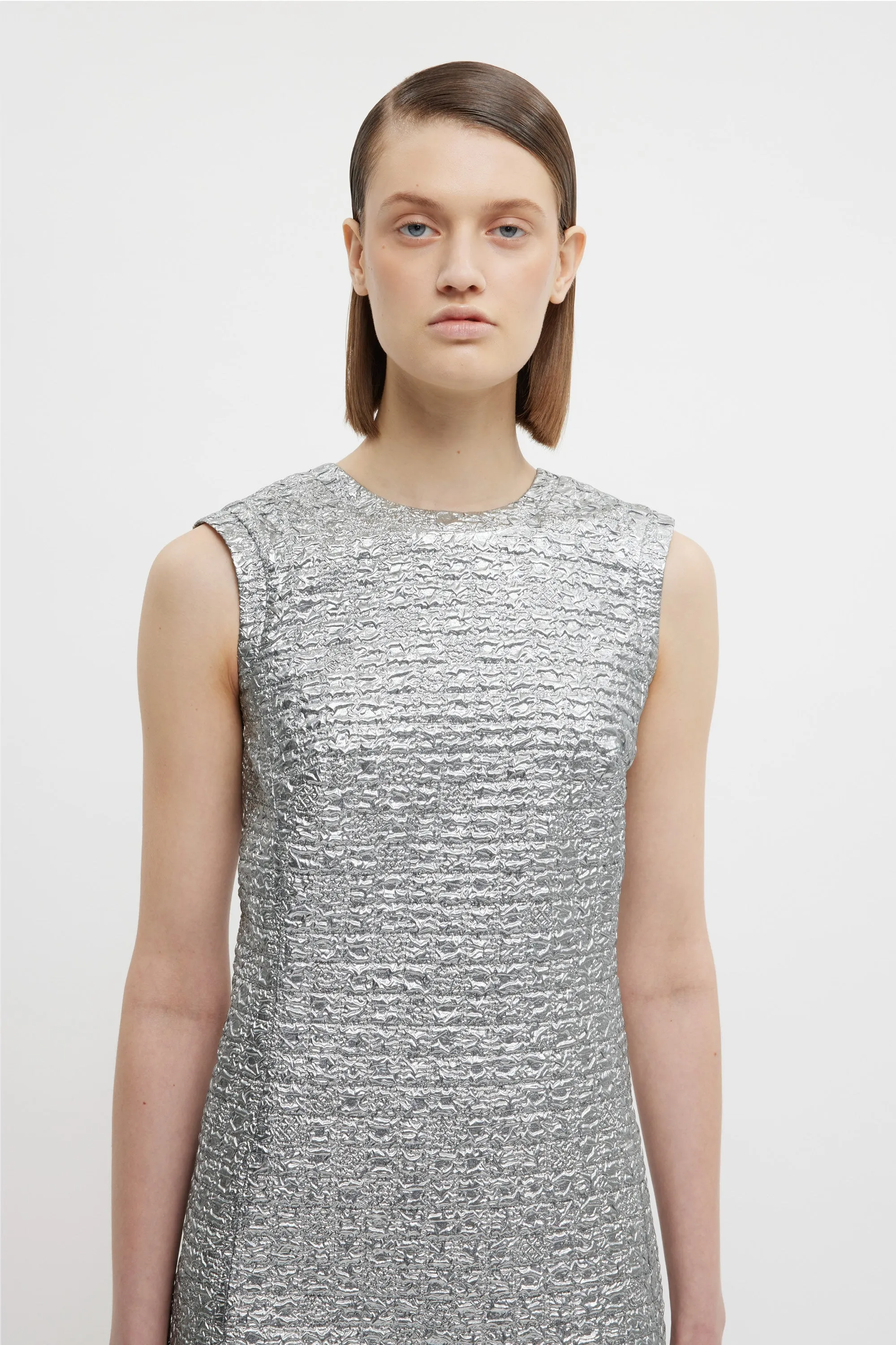 Emmy Dress In Silver Metallic Seersucker