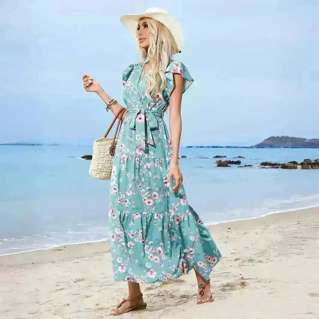 European And American Printed Waist Girdling Band V-neck Dress Bohemian Holiday Beach Dress