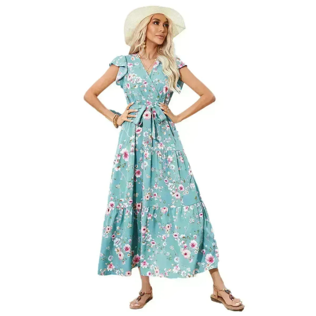 European And American Printed Waist Girdling Band V-neck Dress Bohemian Holiday Beach Dress