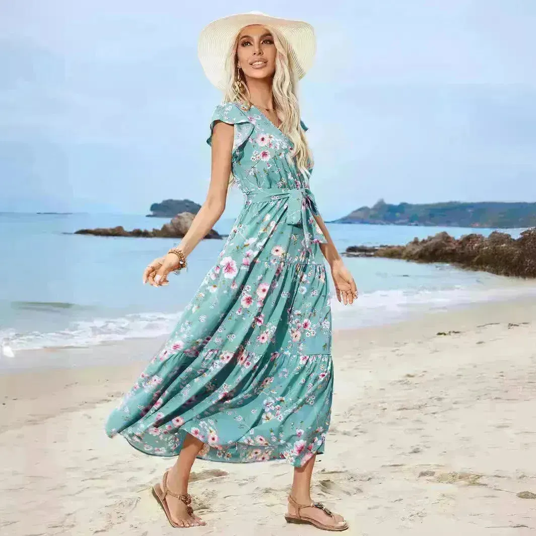 European And American Printed Waist Girdling Band V-neck Dress Bohemian Holiday Beach Dress