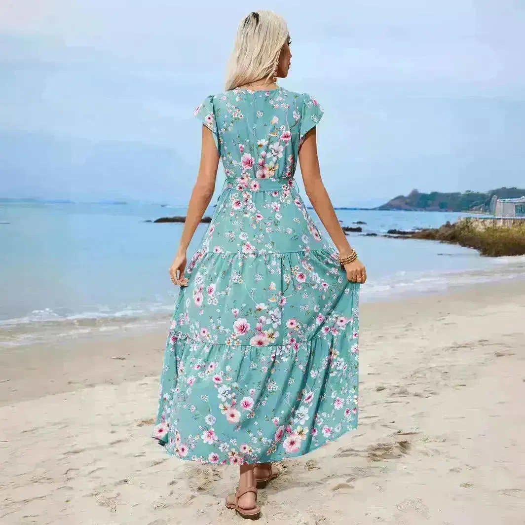 European And American Printed Waist Girdling Band V-neck Dress Bohemian Holiday Beach Dress