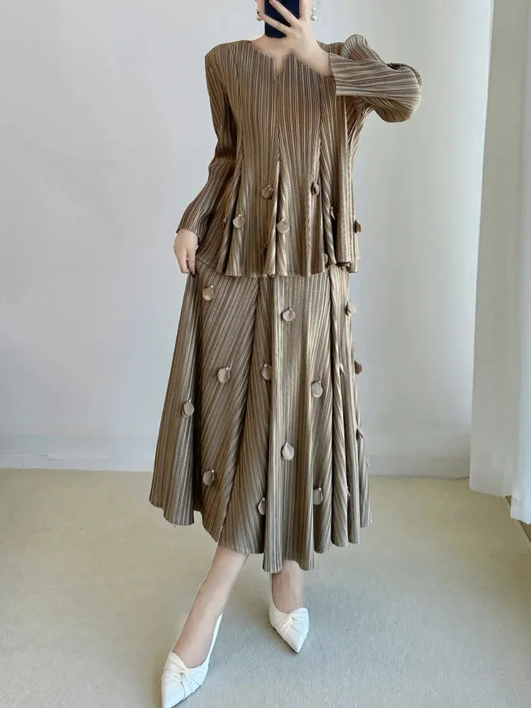 Genuine Pleated Top & Midi Skirt Set