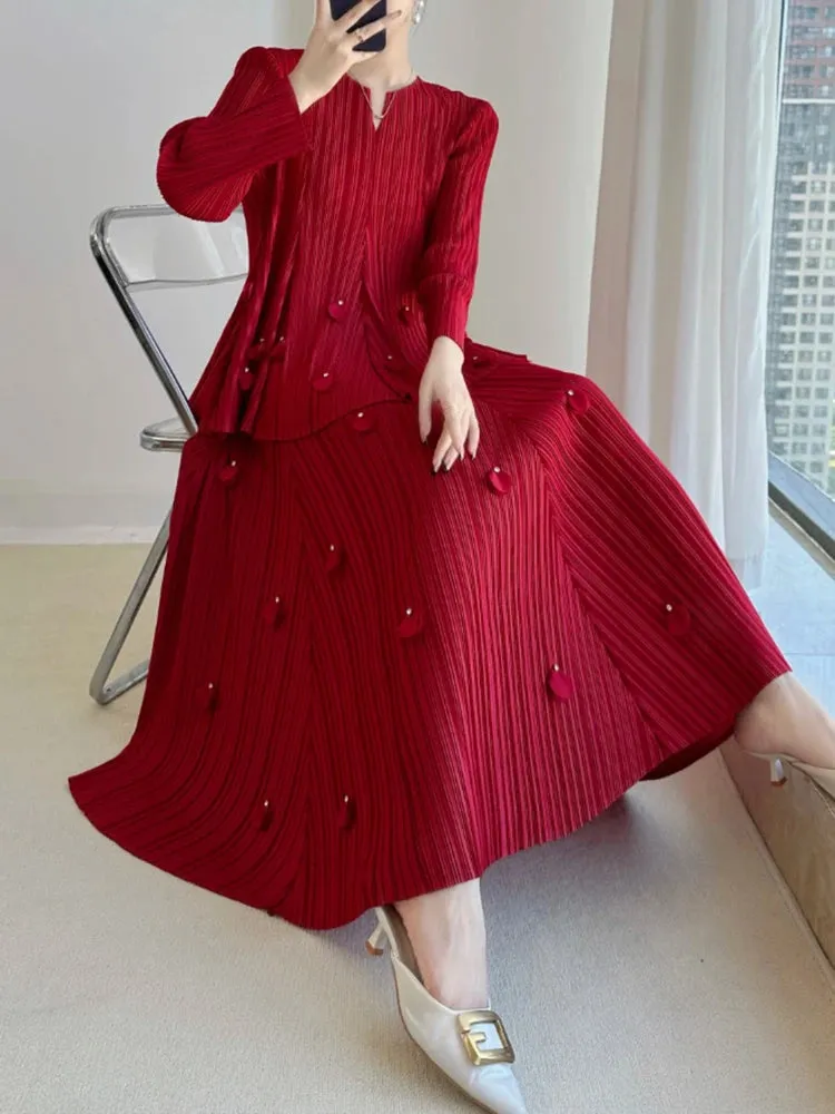 Genuine Pleated Top & Midi Skirt Set
