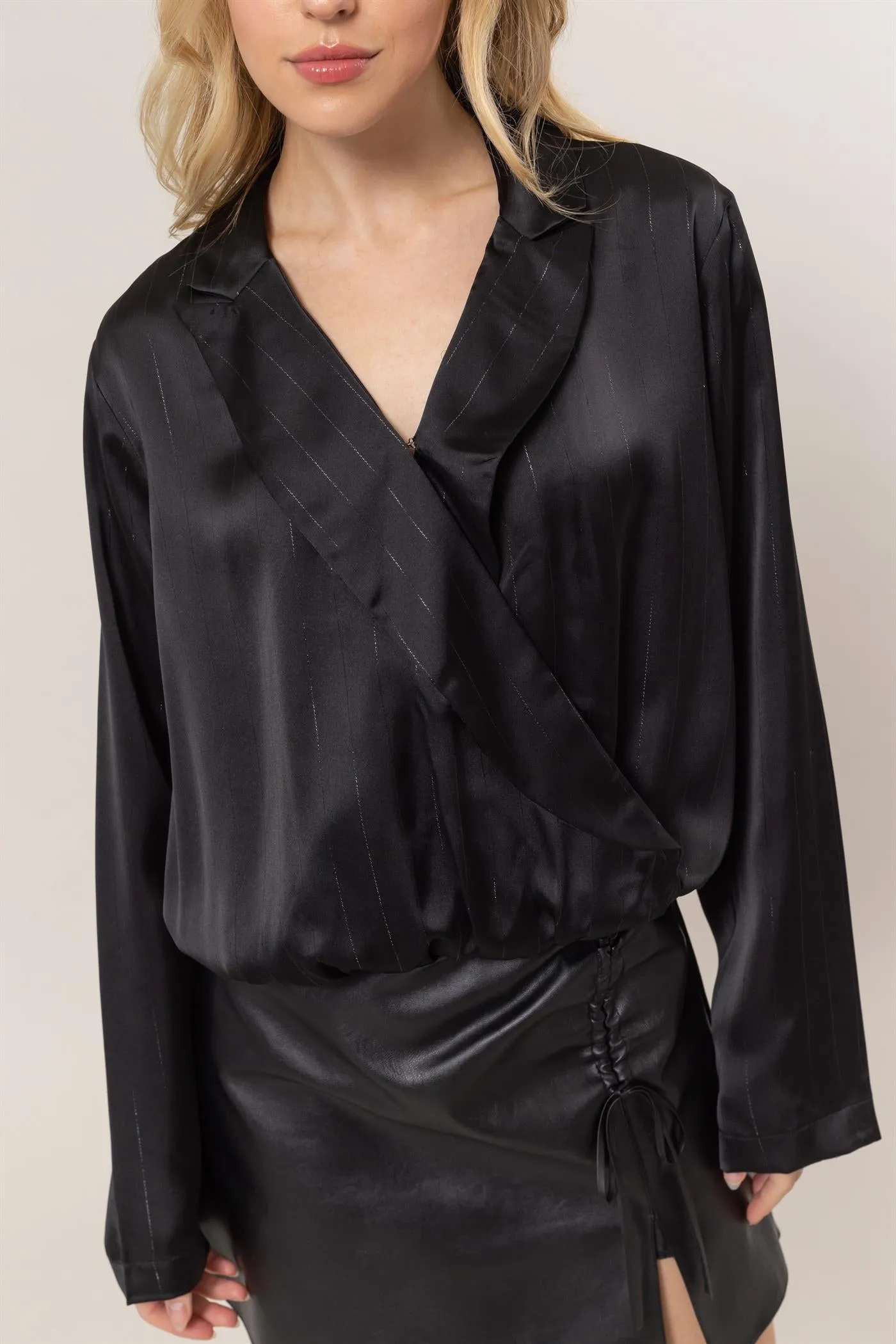 HF25C383-Sophisticated Lurex Striped Wrap Blouse