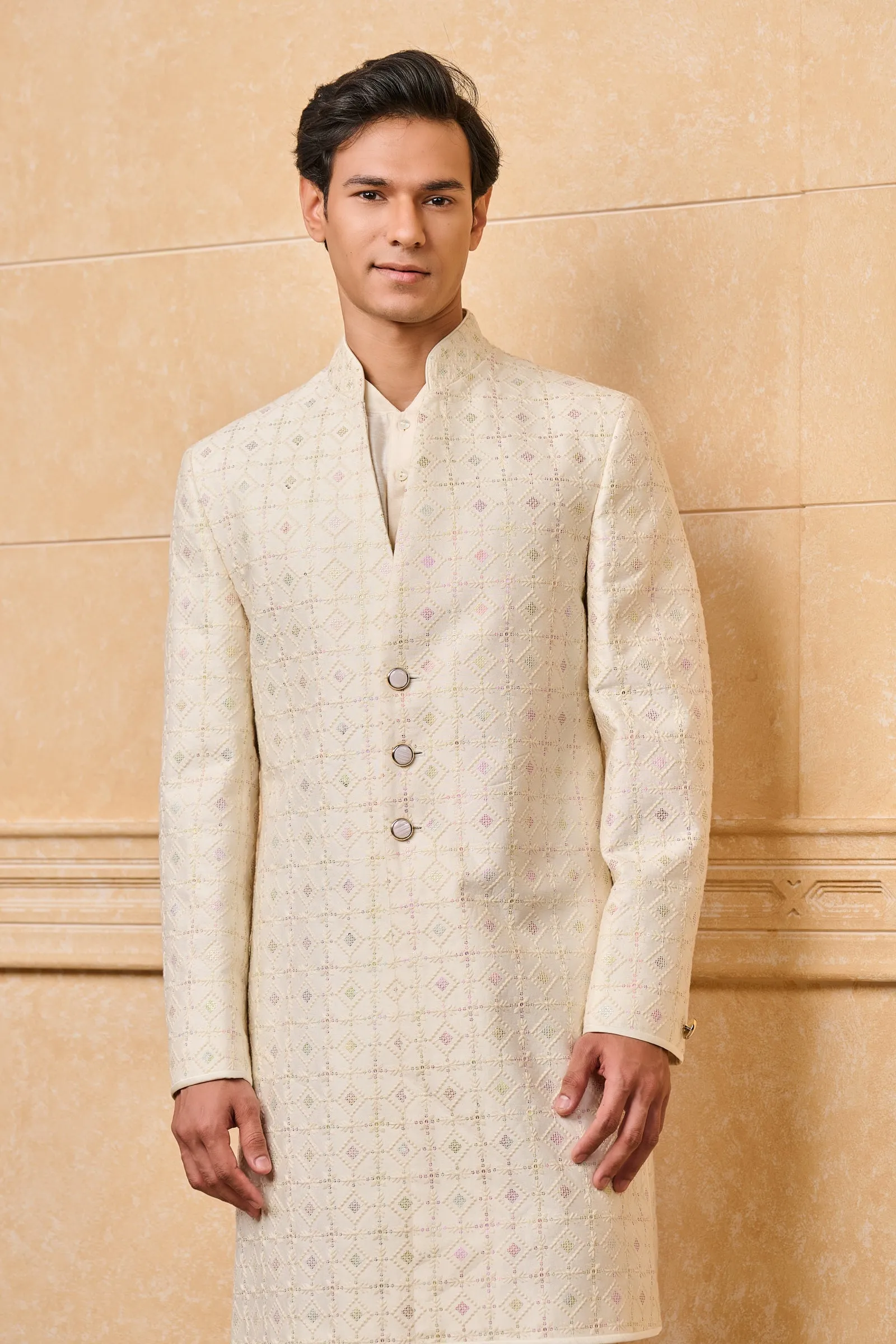 Ivory Thread And Sequins Embroidered Achkan