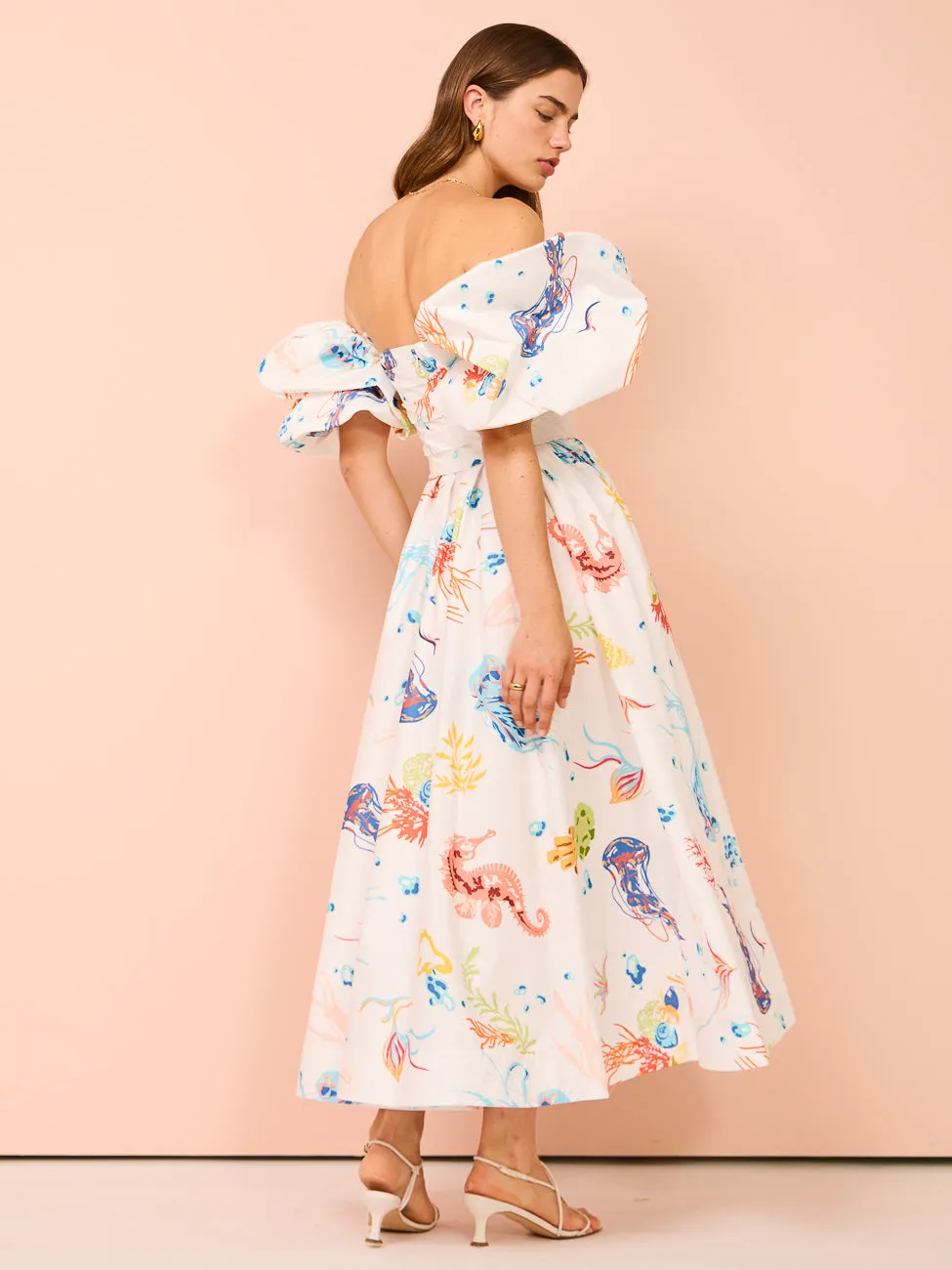 Leo Lin Matilda Puff Sleeve Midi Dress in Twilight Print in White
