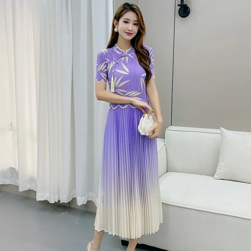 New Chinese Cheongsam Gradient Pleated Skirt Bamboo Leaf Cheongsam Dress New Women's High-Grade Three-House Pleated Women's Clothing