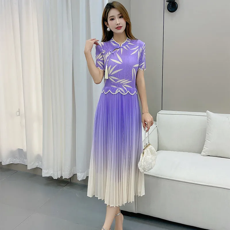 New Chinese Cheongsam Gradient Pleated Skirt Bamboo Leaf Cheongsam Dress New Women's High-Grade Three-House Pleated Women's Clothing