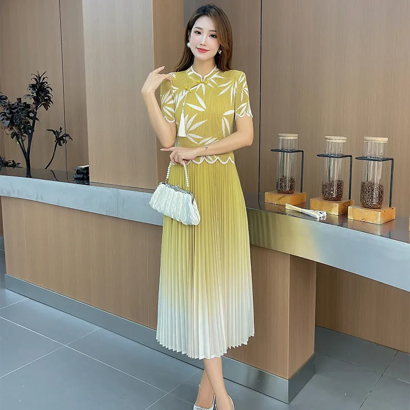 New Chinese Cheongsam Gradient Pleated Skirt Bamboo Leaf Cheongsam Dress New Women's High-Grade Three-House Pleated Women's Clothing