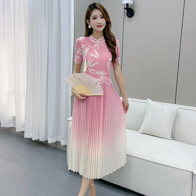 New Chinese Cheongsam Gradient Pleated Skirt Bamboo Leaf Cheongsam Dress New Women's High-Grade Three-House Pleated Women's Clothing
