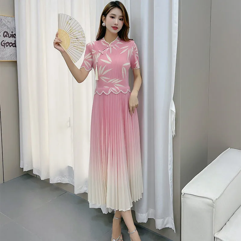 New Chinese Cheongsam Gradient Pleated Skirt Bamboo Leaf Cheongsam Dress New Women's High-Grade Three-House Pleated Women's Clothing
