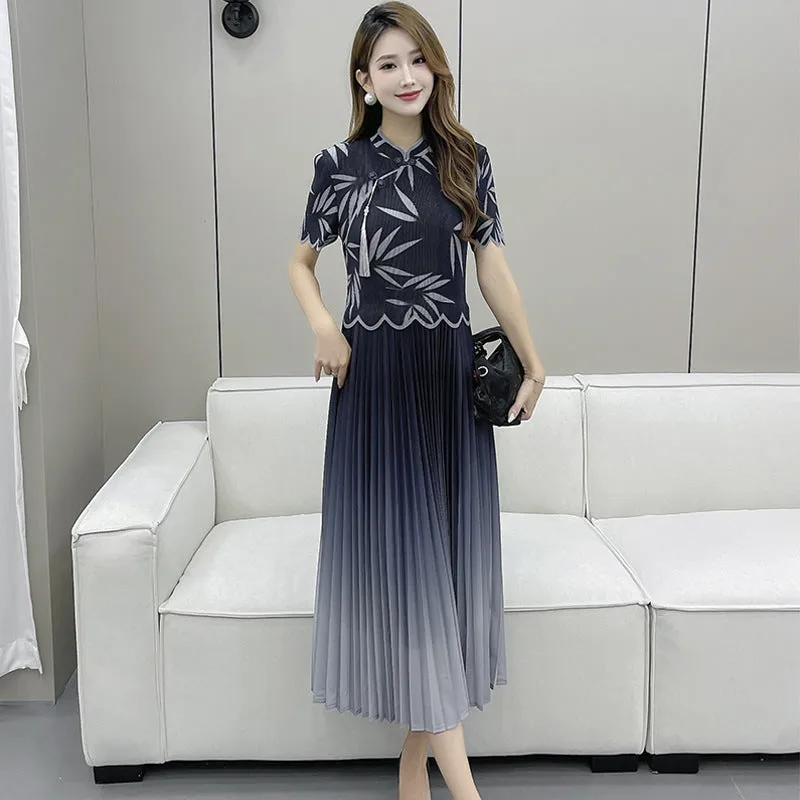 New Chinese Cheongsam Gradient Pleated Skirt Bamboo Leaf Cheongsam Dress New Women's High-Grade Three-House Pleated Women's Clothing