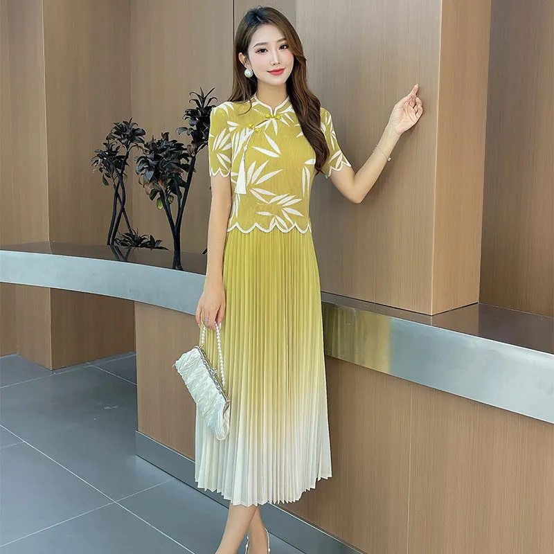 New Chinese Cheongsam Gradient Pleated Skirt Bamboo Leaf Cheongsam Dress New Women's High-Grade Three-House Pleated Women's Clothing