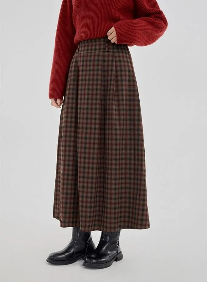 Plaid Pleated Maxi Skirt with Elastic Waist