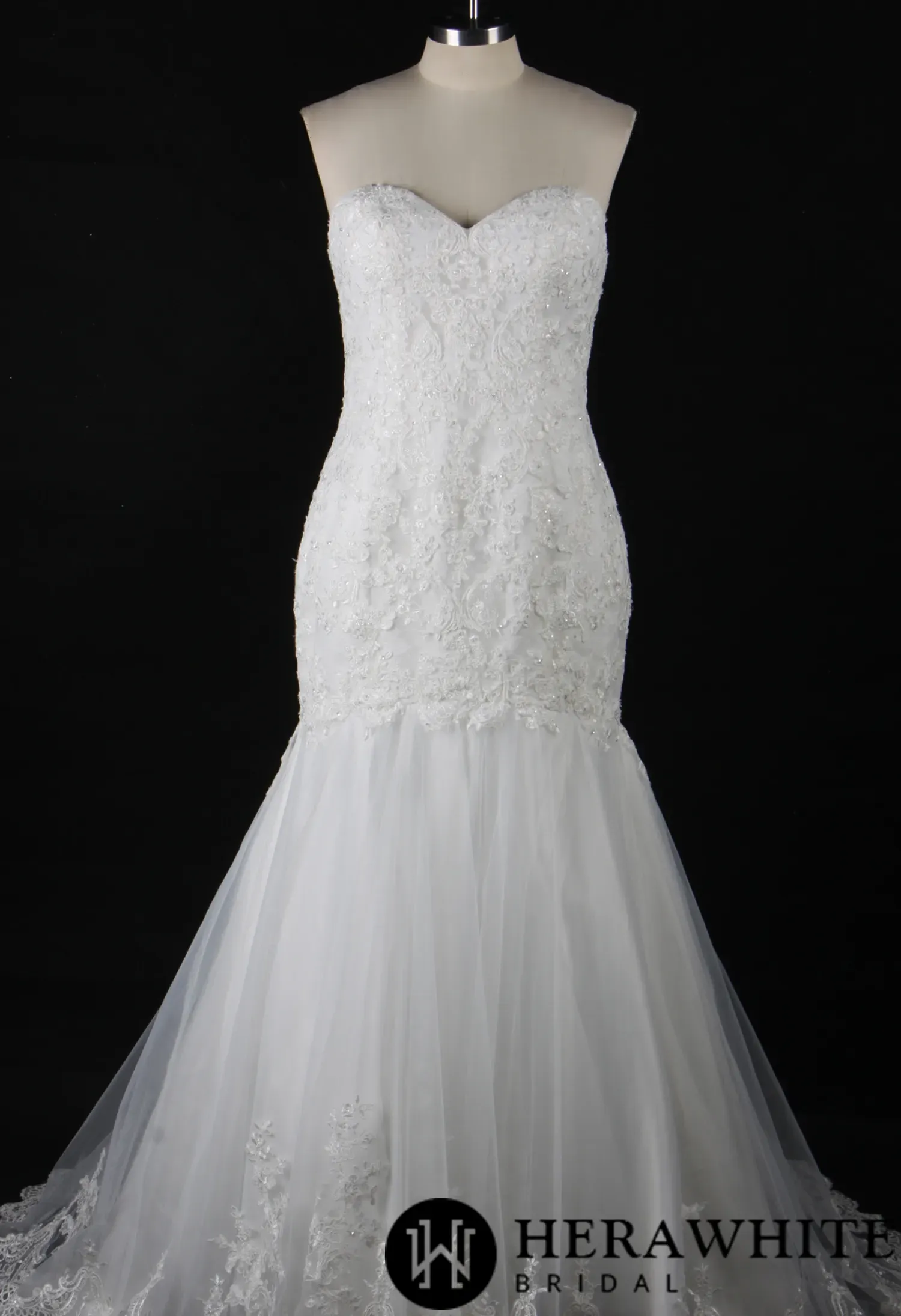 Strapless Embroidered Lace Fit and Flare Wedding Dress