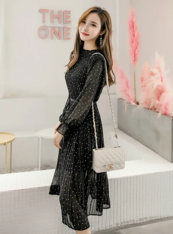 TastyHottie - WOMEN LONG SLEEVED POLKA DOT PLEATED DRESS