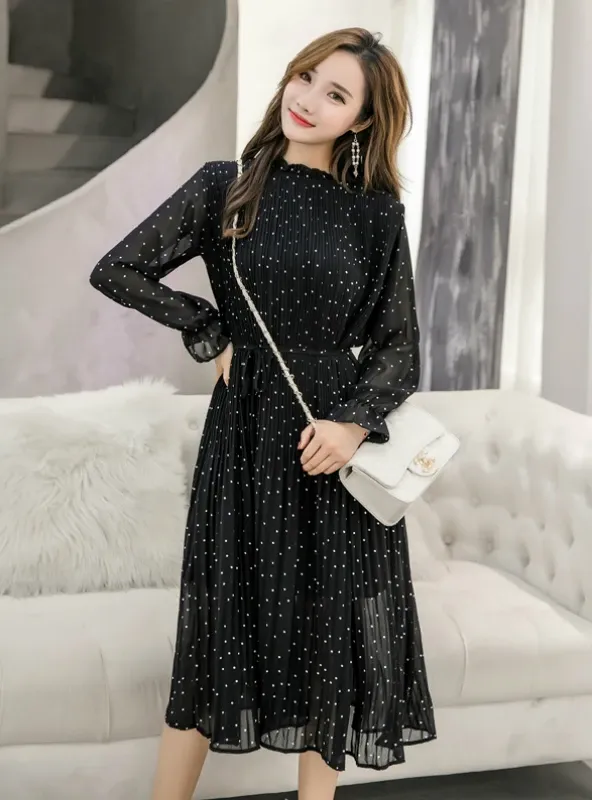 TastyHottie - WOMEN LONG SLEEVED POLKA DOT PLEATED DRESS