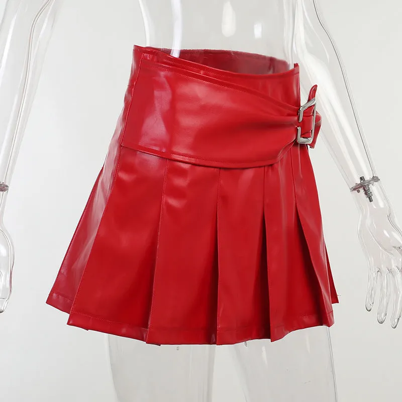 Thin PU leather high waist versatile skirt sexy pleated skirt with buckle