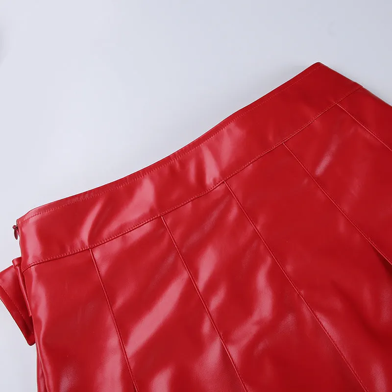 Thin PU leather high waist versatile skirt sexy pleated skirt with buckle