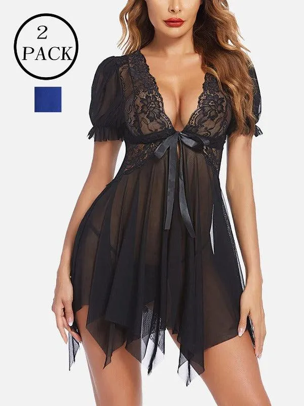 Women Net Babydoll Lingerie with G-string Panty Pack of 2