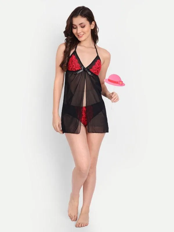 Women Satin Lace Babydoll Lingerie with G-string Panty Pack of 2 Black Blue