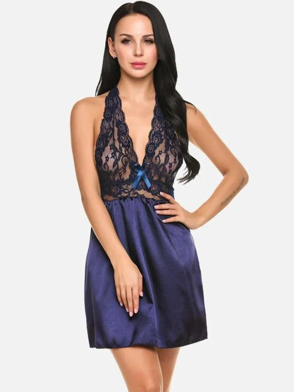 Women Satin Lace Babydoll Lingerie with G-string Panty Pack of 2 Black Blue