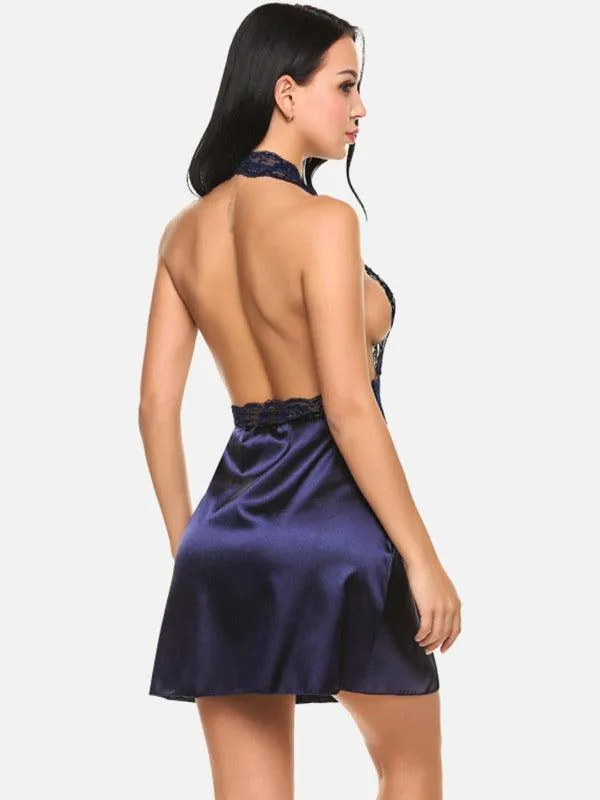 Women Satin Lace Babydoll Lingerie with G-string Panty Pack of 2 Black Blue