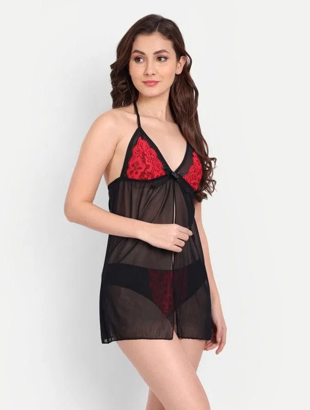 Women Satin Lace Babydoll Lingerie with G-string Panty Pack of 2 Black Blue