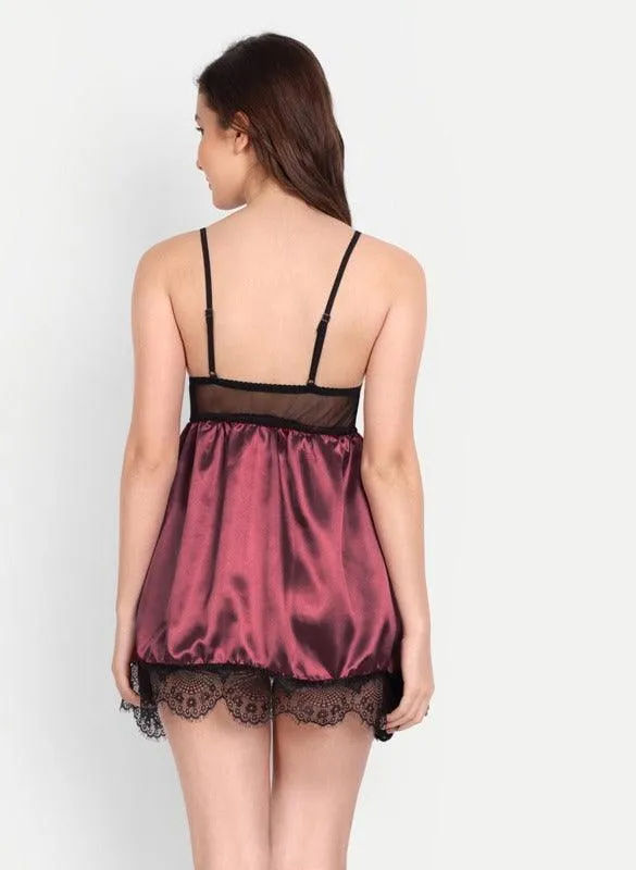Women Satin Lace Babydoll Lingerie with G-string Panty Pack of 2 Maroon Blue