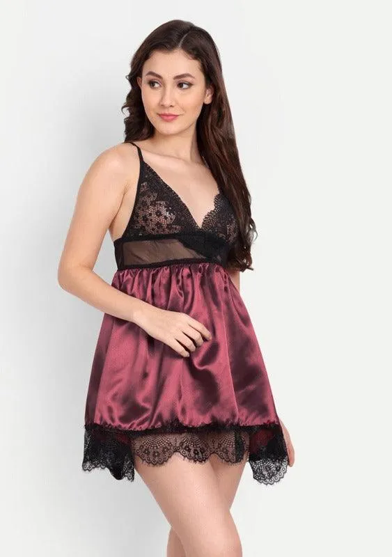 Women Satin Lace Babydoll Lingerie with G-string Panty Pack of 2 Maroon Blue