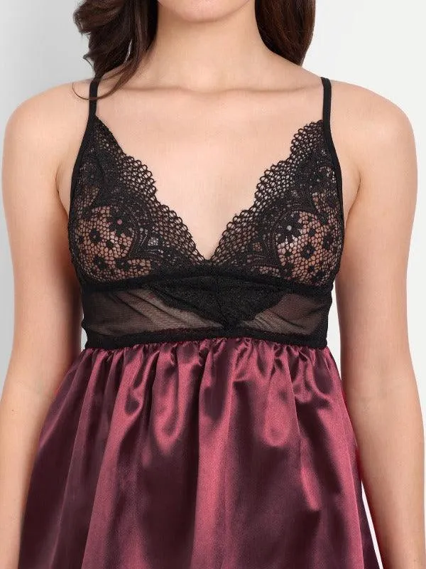 Women Satin Lace Babydoll Lingerie with G-string Panty Pack of 2 Maroon Blue