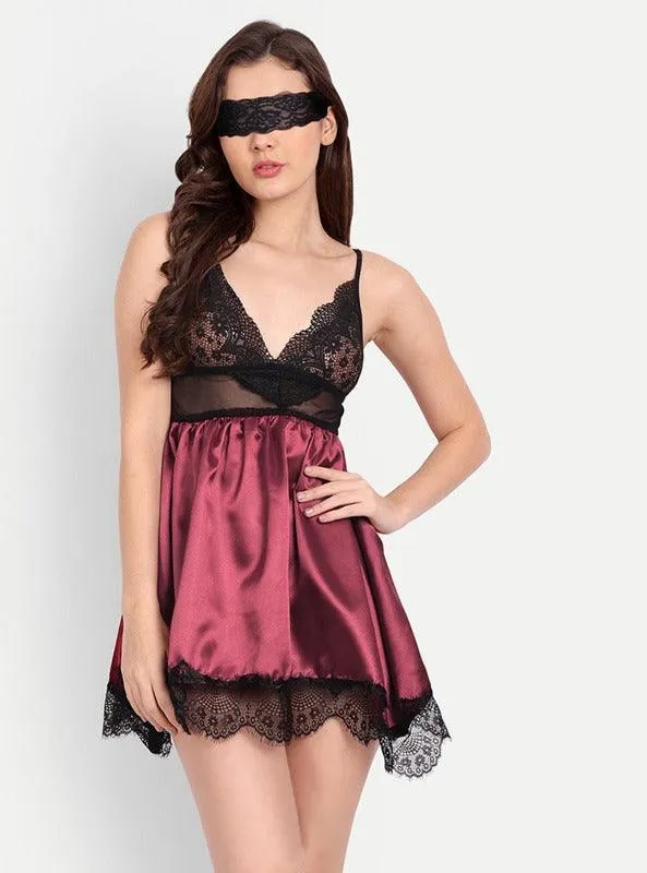 Women Satin Lace Babydoll Lingerie with G-string Panty Pack of 2 Maroon Blue