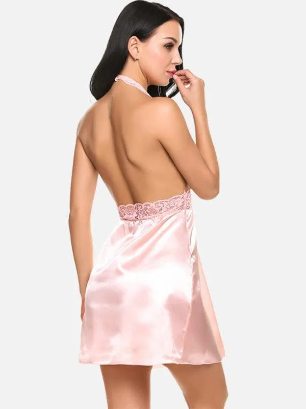 Women Satin Lace Babydoll Lingerie with G-string Panty Pack of 2 White Pink