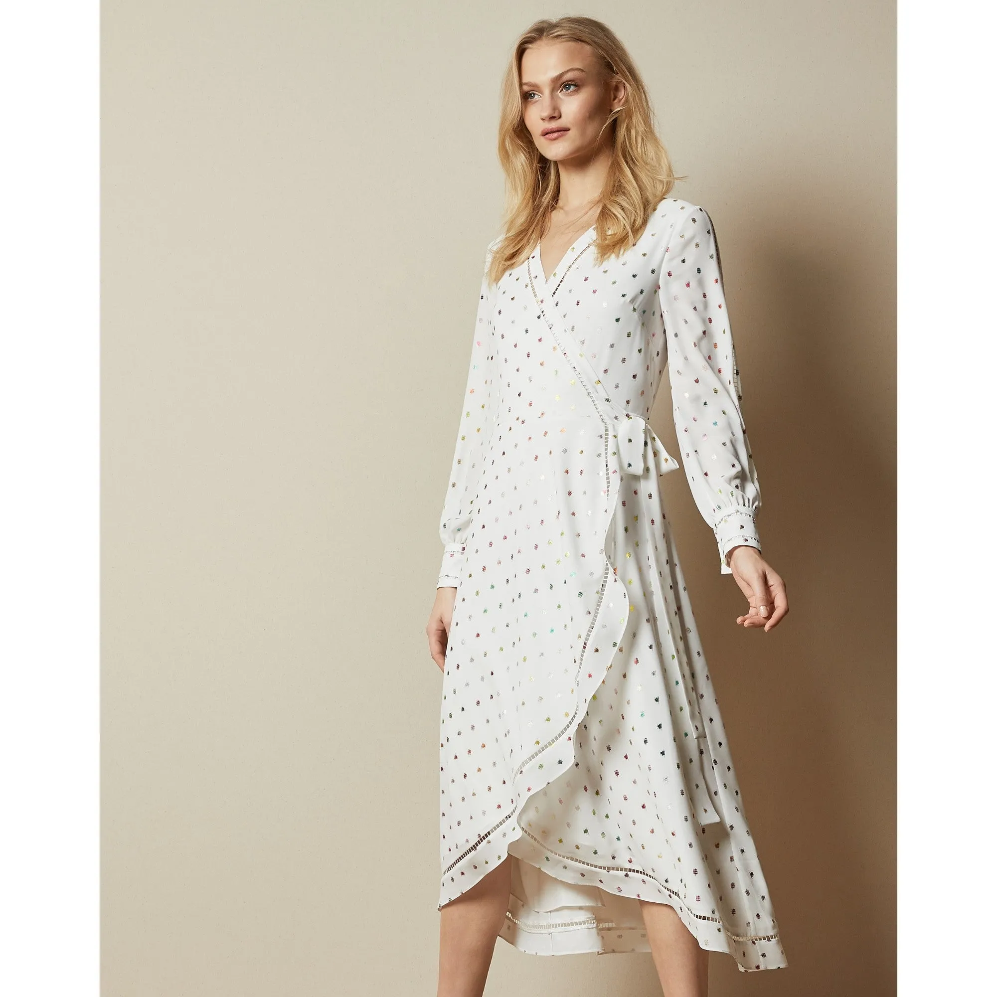 Women Tanise-Long Sleeve Metallic Fleck Wrap Dress - Ivory