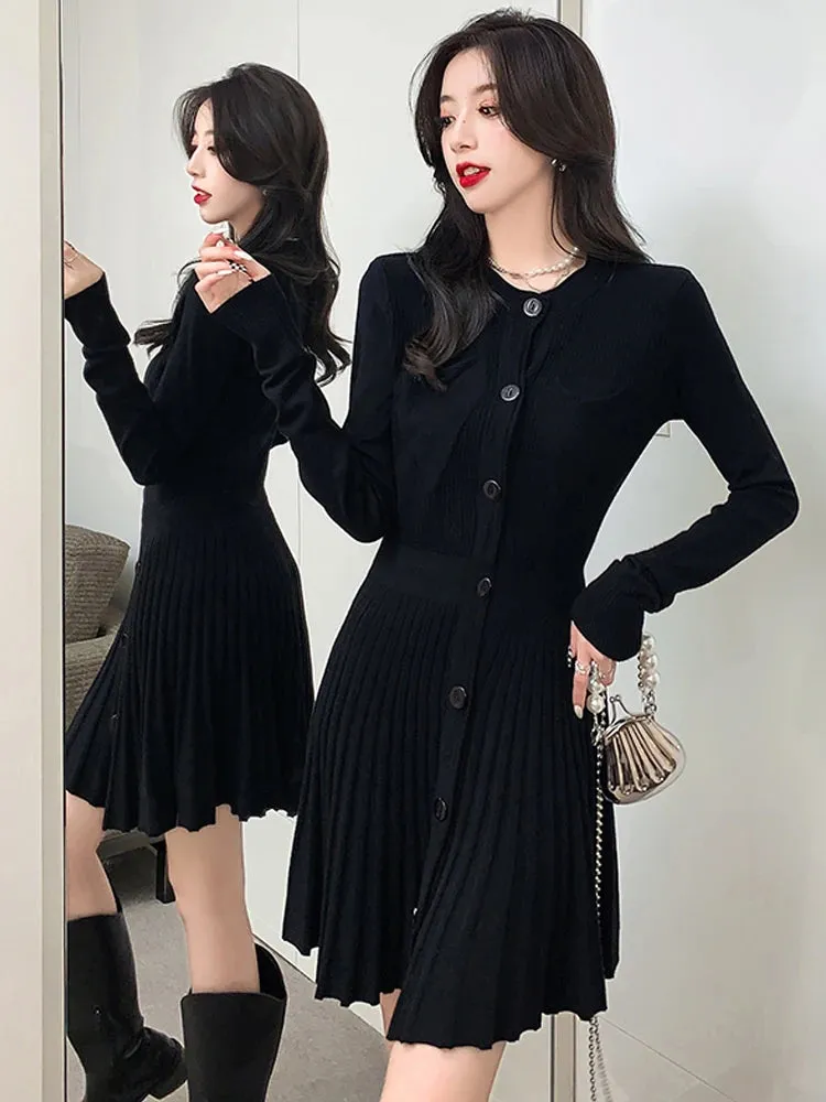 women vintage knittied dress basics black pleated A-line skirt Elegant slim   long sleeve bottoming sweater skirt vestidos 2022