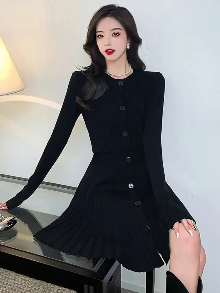 women vintage knittied dress basics black pleated A-line skirt Elegant slim   long sleeve bottoming sweater skirt vestidos 2022