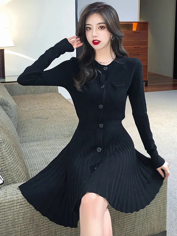 women vintage knittied dress basics black pleated A-line skirt Elegant slim   long sleeve bottoming sweater skirt vestidos 2022