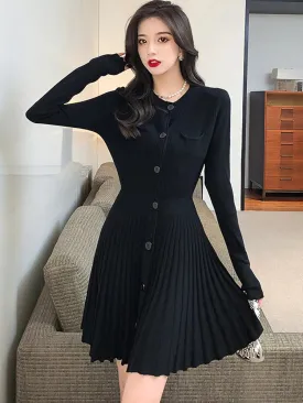 women vintage knittied dress basics black pleated A-line skirt Elegant slim   long sleeve bottoming sweater skirt vestidos 2022